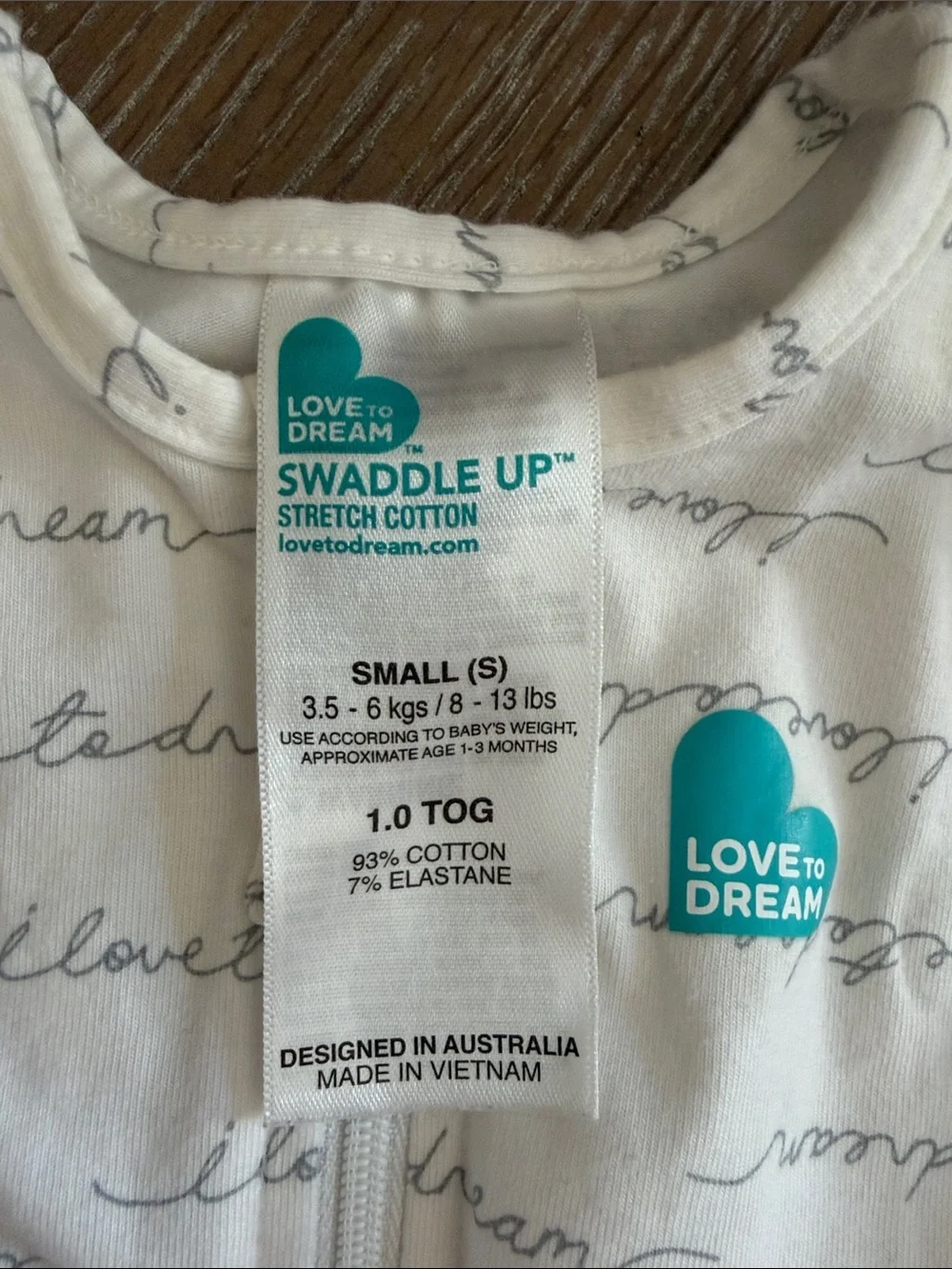 Love to Dream Cream Script Swaddle Sleep Sack - double zipper